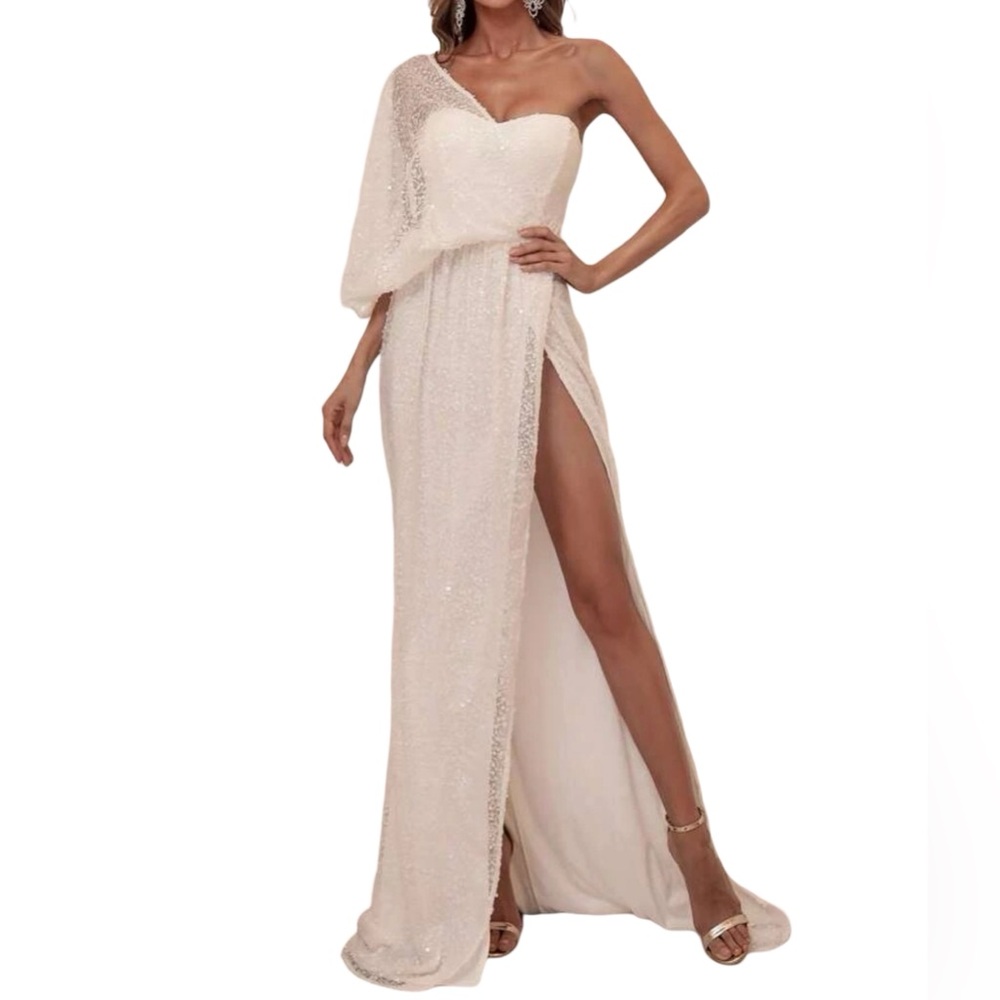 Chic One-Shoulder Off White Gown - Picture 6 of 6